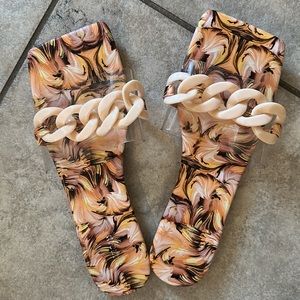 She & In Stylish Summer Sandal square top with plastic chain accents. Retro Chic